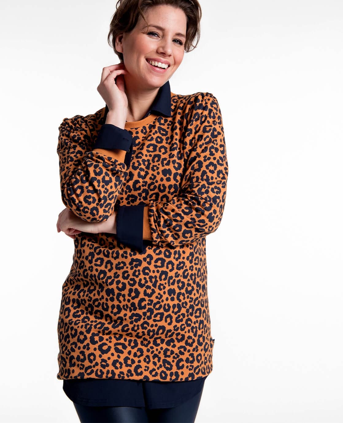 Je m'appelle Tops Tunic Sweater Panthère | Camel / Donkerblauw