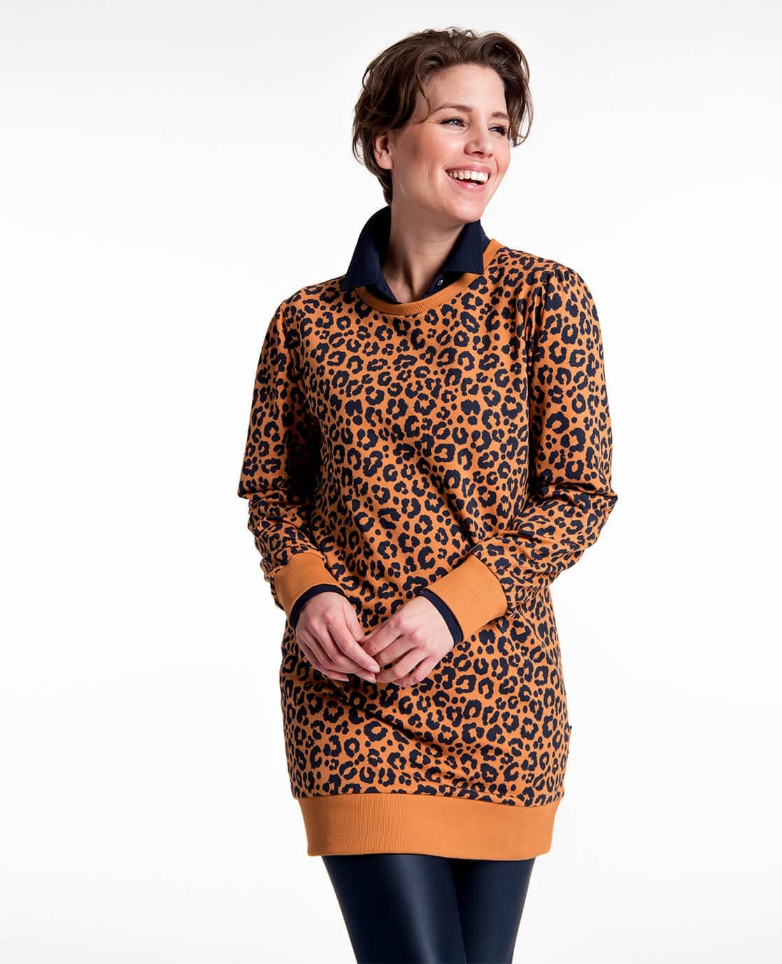 Je m'appelle Tops Tunic Sweater Panthère | Camel / Donkerblauw