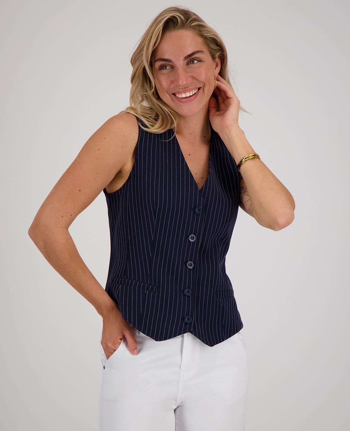 Je m'appelle Tops Gilet Pinstripe | Donkerblauw / Off White