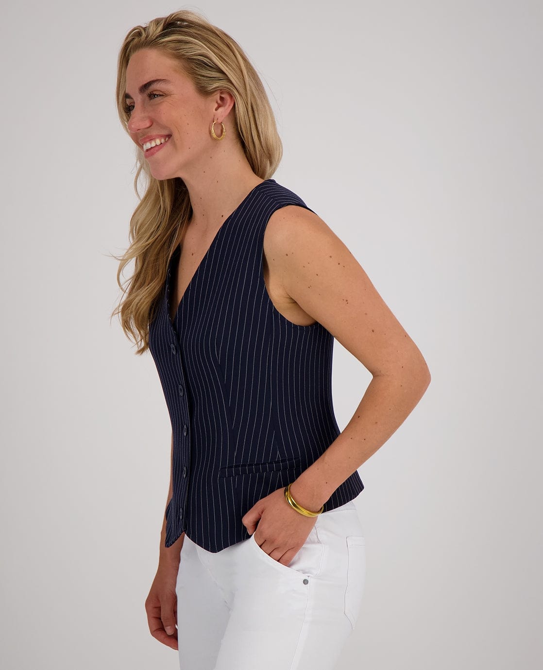 Je m'appelle Tops Gilet Pinstripe | Donkerblauw / Off White