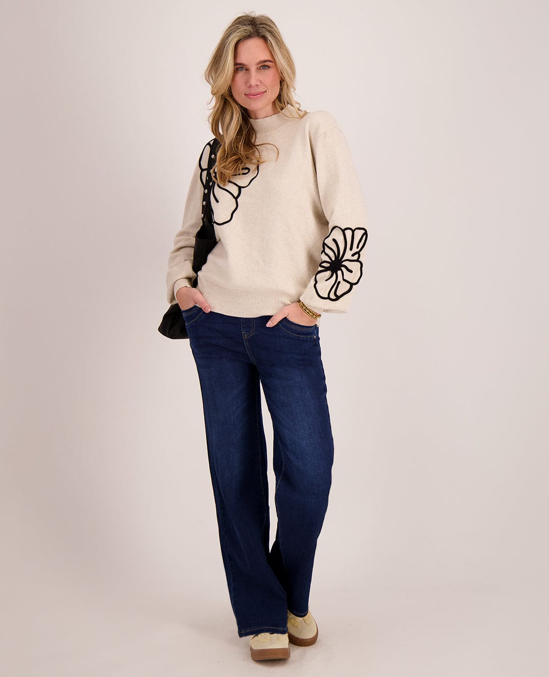 Je m'appelle Tops Pull Flowers | Dark Greige Melange / Black