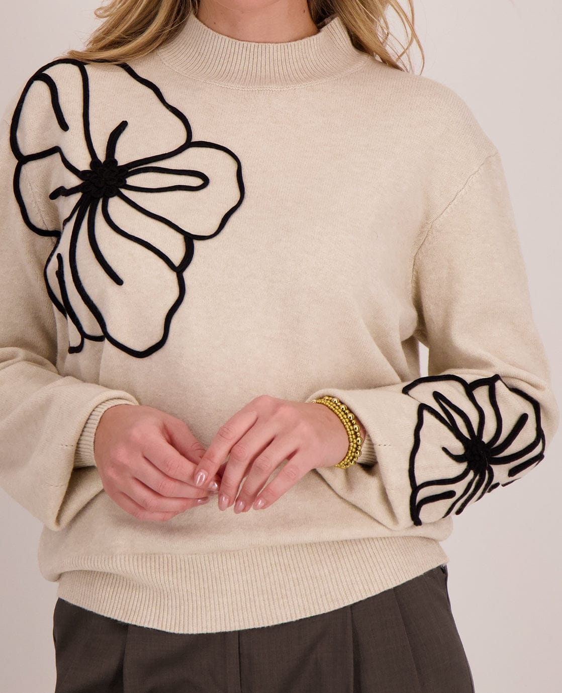Je m'appelle Tops Pull Flowers | Dark Greige Melange / Black