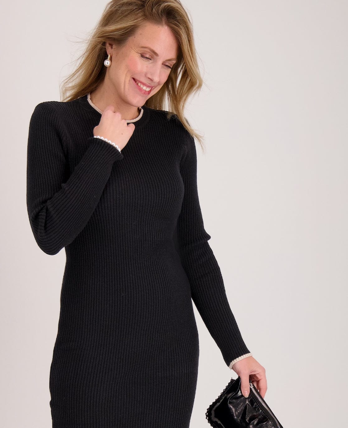 Je m'appelle Jurken Robe Elise Knitted | Zwart/Porselein wit