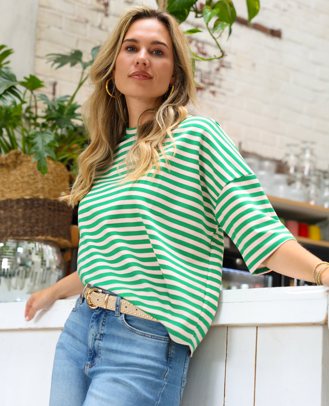 Tee Top Stripes | Green / Light Pink