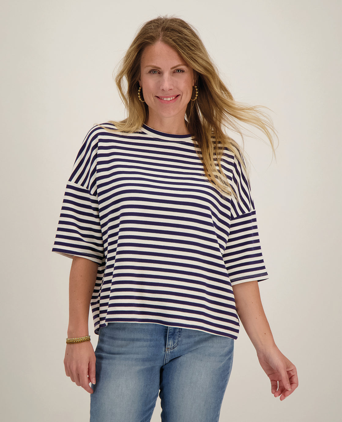 Tee Top Stripes | Off white/Donkerblauw