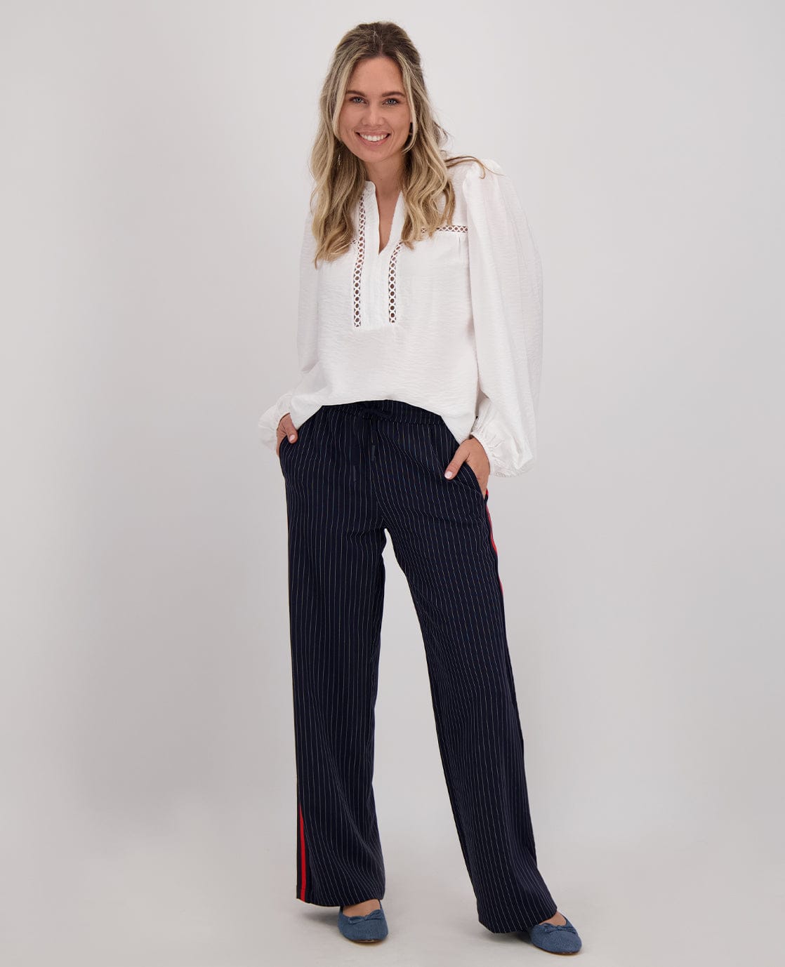 Je m'appelle Broeken Pant Straight Pinstripe | Donkerblauw / Off White