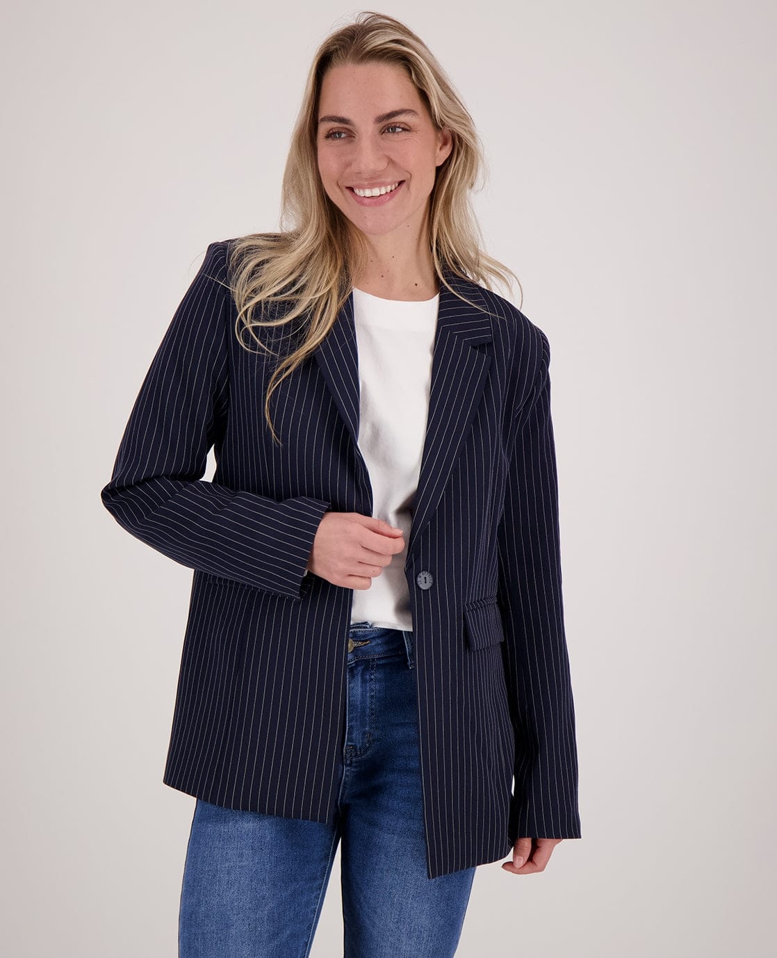 Je m'appelle Jassen Blazer Straight Pinstripe | Donkerblauw / Off White