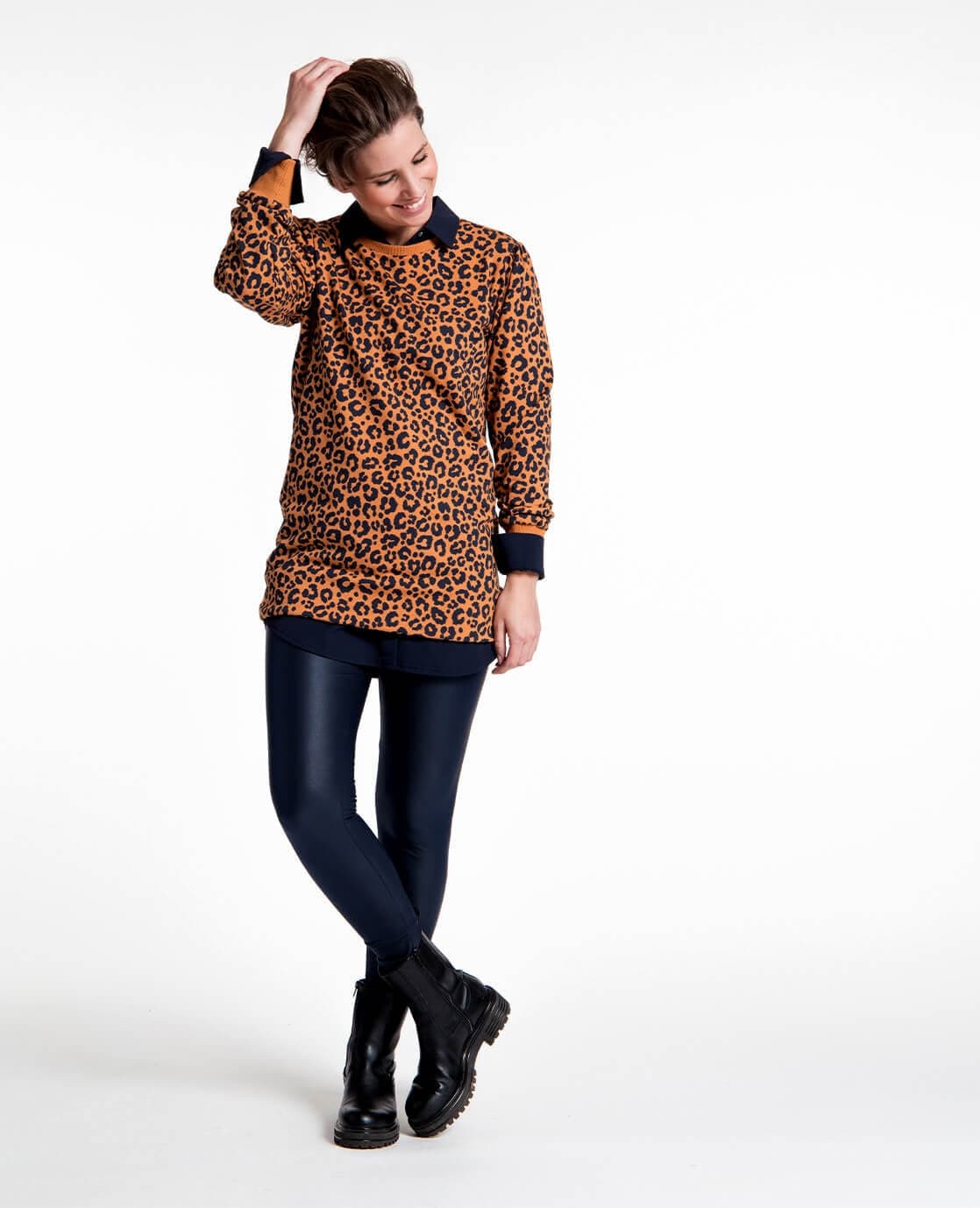 Je m'appelle Tops Tunic Sweater Panthère | Camel / Donkerblauw