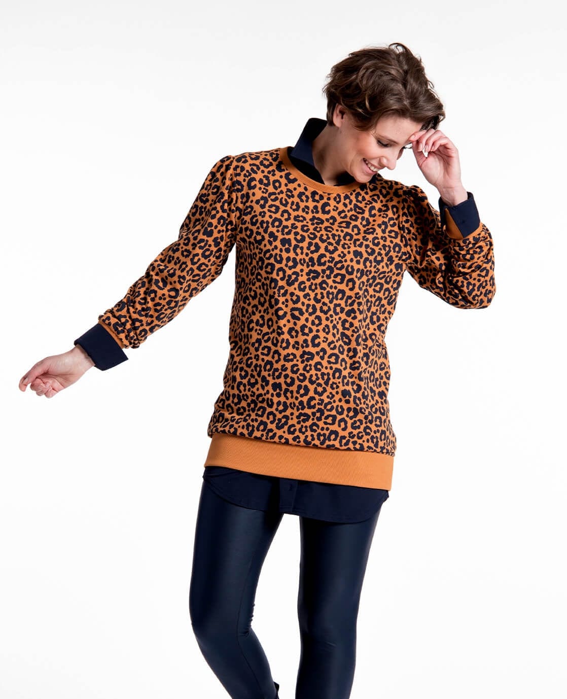 Je m'appelle Tops Tunic Sweater Panthère | Camel / Donkerblauw